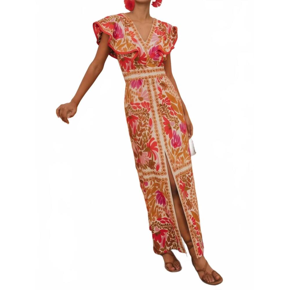 NEW ROSA CLOTHING flutter sleeve print maxi dress in multicolor